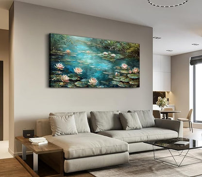 ADJUVANT Wall Art Impressionist Water Lily Pond 60" L x 30" W, Lotus Flower Canvas Painting Nature Artwork Green Water and Pink Blooms Prints Wall Decor for Living Room Bedroom Study Home Office