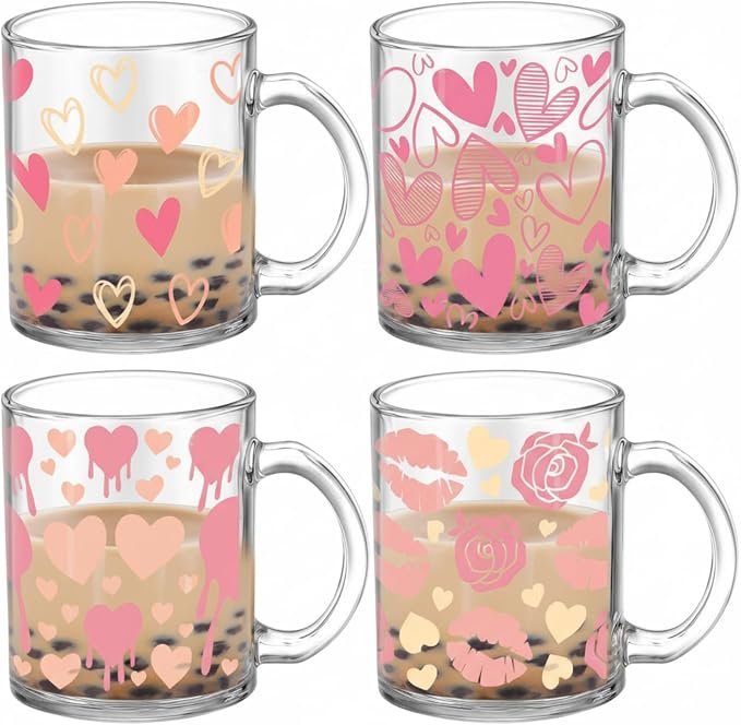 Tioncy 4 Pcs Valentines Heart Coffee Mugs 12 oz Heart Glass Cups by Tioncy