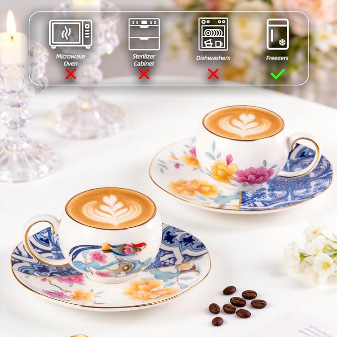 KAMMAK Tea Cups and Saucers Set of 2, Fine Bone China Coffee Cups, GH015 | - Image 6