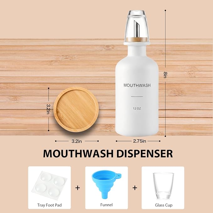 Glass Mouthwash Dispenser for Bathroom, Stainless Steel & Bamboo Nozzle - Image 4