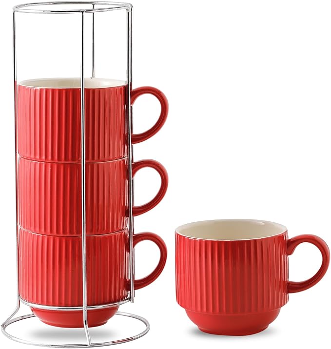 HASENSE Red Coffee Mugs, 15 oz Stackable Coffee Cups Set of 4 by Hasense