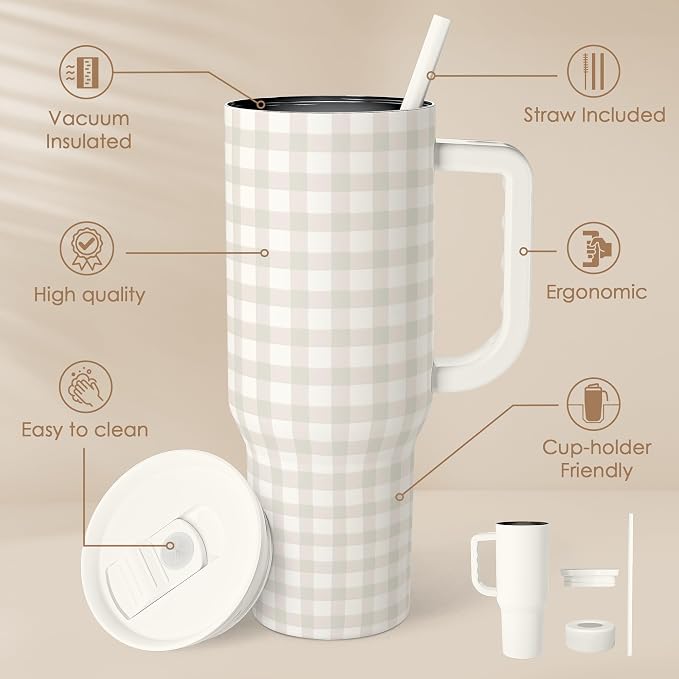 SANDJEST Grey Gingham 40oz Slider Tumbler - Image 2