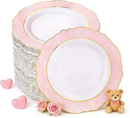 WDF 60pcs Pink Dessert Plates - 7.5inch Baroque Pink &White Disposable Dessert/Appetizer Small Cute Cake Plates for Upscale Parties &Wedding-Special for Baby Shower, Brithday, Valentine's Day