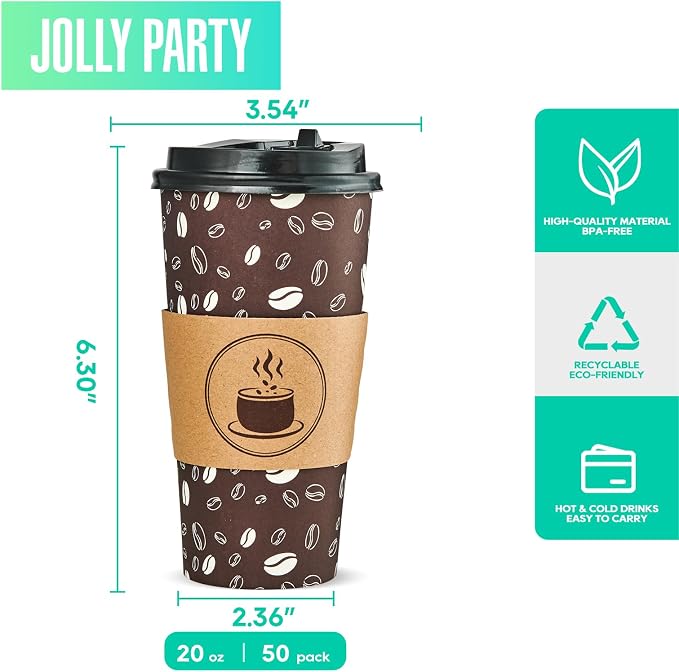 JOLLY PARTY Disposable Coffee Cups - 20oz Paper Cups with Lids - Image 2