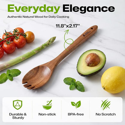 Wooden Salad Spoon Fork, 2-in-1 Teak Wood Cooking Utensil, Long Handle - Image 4