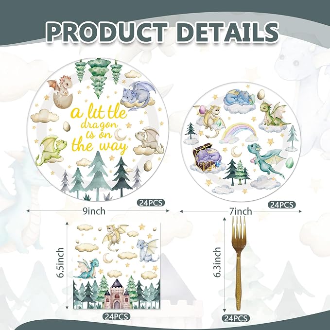 EUOYUFO 96Pcs A Little Dragon is On The Way Baby Shower Paper Plates Napkins - Image 2