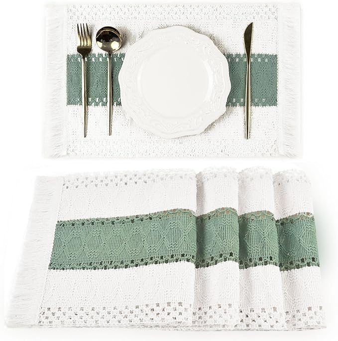 Sage Green Boho Placemats Set of 4 Table Mats Farmhouse Dining Decor | 12x20" by FEXIA