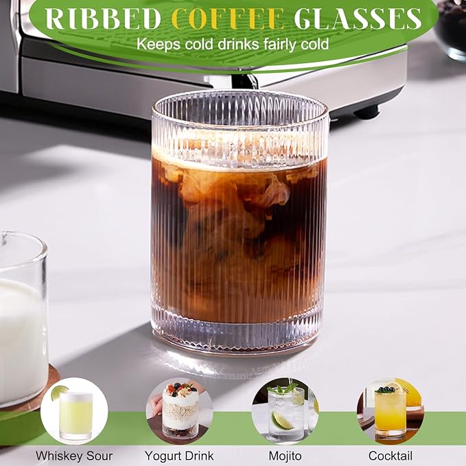Drinking Water Glass Cups Set, Crystal Clear ribbed Glass set of 8, 17oz&12oz | - Image 4
