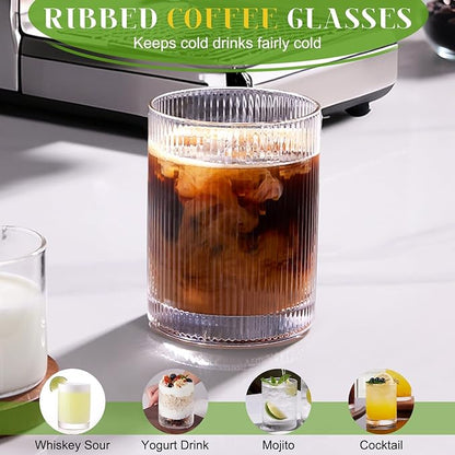 Drinking Water Glass Cups Set, Crystal Clear ribbed Glass set of 8, 17oz&12oz | - Image 4