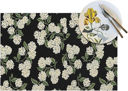 Spring Place mats Set of 4,12x18 Inches Black Beige Hydrangea Floral Decorative Summer Decor Flower Placemats Rectangle Spring Table Mats for Party Home Kitchen Dining Table Decoration