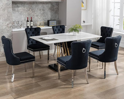 KCC Velvet Dining Chairs Set of 6, Upholstered High-end Tufted Dining Room Chair with Nailhead Back Ring Pull Trim Stainless Steel Legs, Contemporary Nikki Collection Modern Style for Kitchen, Black