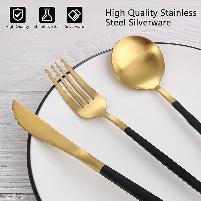 VANVRO Matte Black Gold Silverware Set, 40-Piece Stainless Steel Flatware Set - Image 4