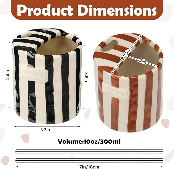 2 Pack Ceramic Coffee Mug with Sip Hole Espresso Cup 10oz with Straws Retro - Image 2