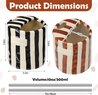 2 Pack Ceramic Coffee Mug with Sip Hole Espresso Cup 10oz with Straws Retro - Image 2