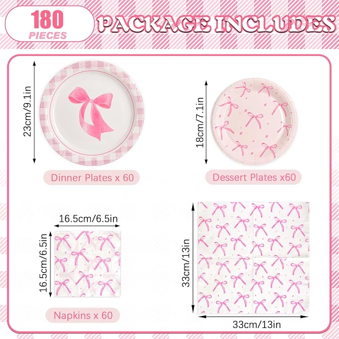 180Pcs Pink Bow Party Supplies Paper Plates and Napkins Serve 60 | Disposable - Image 2