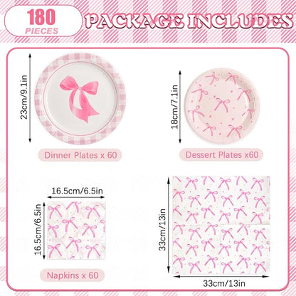 180Pcs Pink Bow Party Supplies Paper Plates and Napkins Serve 60 | Disposable - Image 2