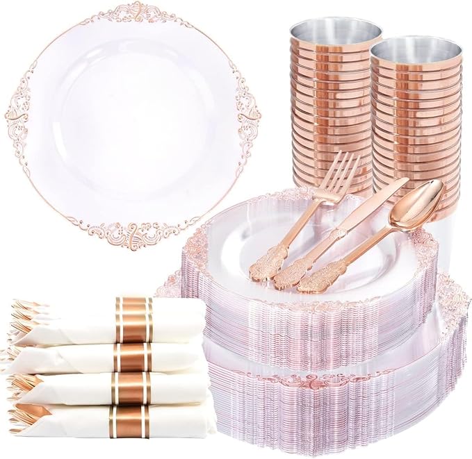 Nervure 350Pcs Rose Gold Plates, Disposable Dinnerware Set by Nervure