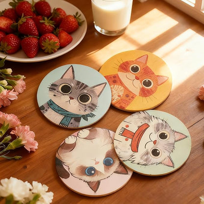 Coasters Set of 4, Wood Coasters for Drinks - Handcrafted Cat Design Thick Heat-Resistant for Beer, Coffee, Office, Bar, Farmhouse Home Decor, Tabletop Protection, for All Cups