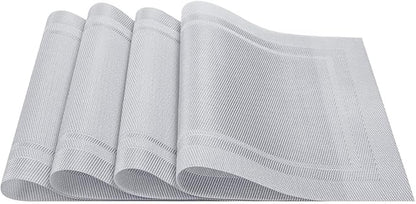 DACHUI Placemats Set of 8, Linen Look Woven Place Mats, Water Resistant, Heat Resistant, Washable, Durable Table Mats (Silver)