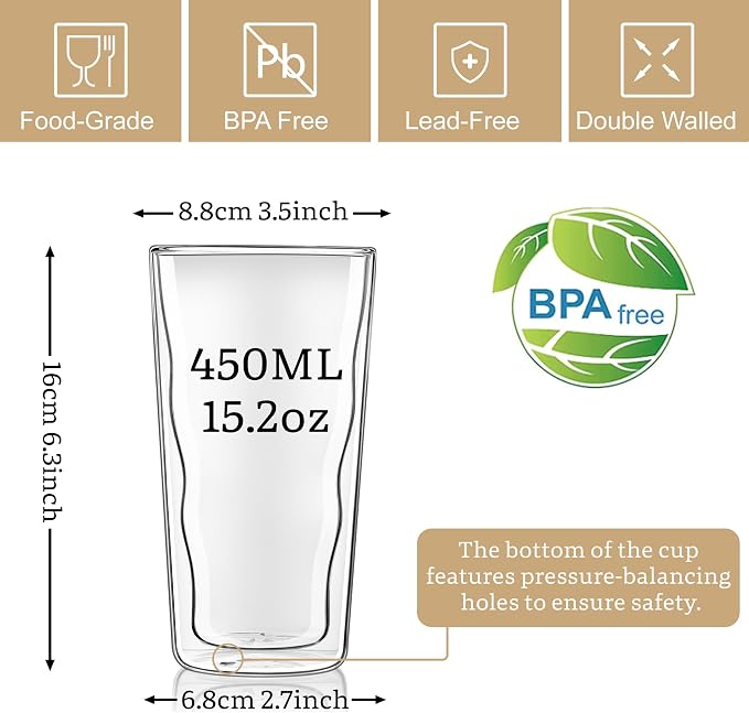 Joeyan Double Wall Glass, 15.2oz Wave Insulated Glass Tumblers Clear Coffee Cups - Image 2
