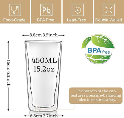 Joeyan Double Wall Glass, 15.2oz Wave Insulated Glass Tumblers Clear Coffee Cups - Image 2