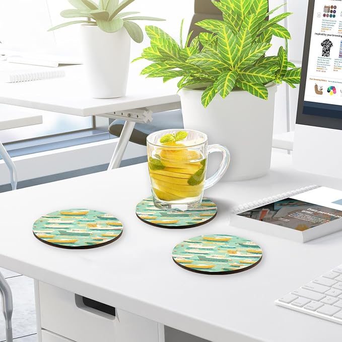 White and Yellow Boats in Green Lake Pattern Absorbent Coaster - Image 7