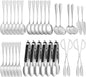 32Pcs Serving Utensils Set Serving Spoons, Buffet Tongs, Cake Spatula, Forks, Perforated Ladles, Soup Scoops, Skimmers and Black Heavy-Duty Serving Tongs (Silver)