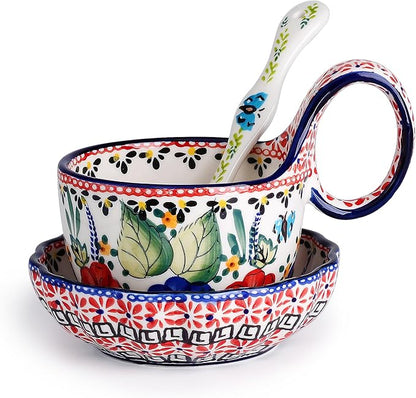 silesia Handmade Loop Handle Soup Bowl, Plate and Spoon Set Ceramic Hand by silesia