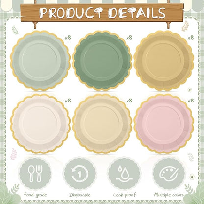 48 Pcs Sage and Pink Paper Plates 9 Inch Gradient Scalloped Paper Disposable Dinner Dessert Plates for Birthday Wedding Bridal Party Supplies, 6 Colors