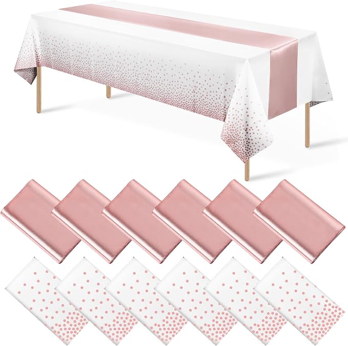 12 Pack Disposable Plastic Tablecloths and Satin Table Runner Set White and by MASHAN