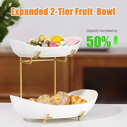 2 Tier Ceramic Fruit Bowl for Kitchen Counter, Tiered Fruit Basket for Countertop, Modern Multi Layer Fruit Display Stand for Party, Cute (Gold&White, Large)