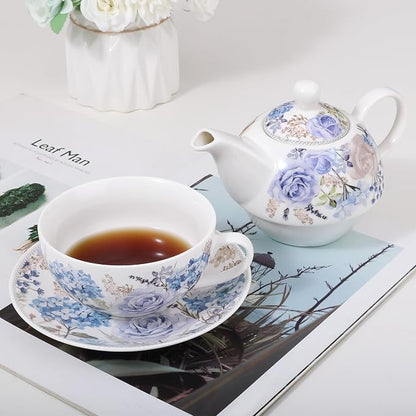 fanquare Blue and Purple Roses and Hydrangeas Porcelain Tea - Image 4