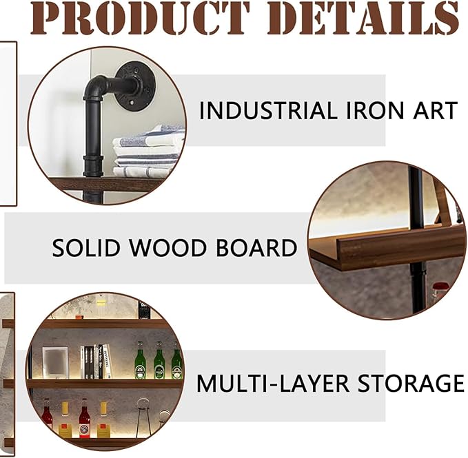55.1in Large Wine Rack with LED Light Solid Wood Wall Mounted Wine Rack, 3-Tiers Liquor Bottles Floating Shelves Display Storage Organizer for Home Bar & Dining Room (140cm/55.1in)