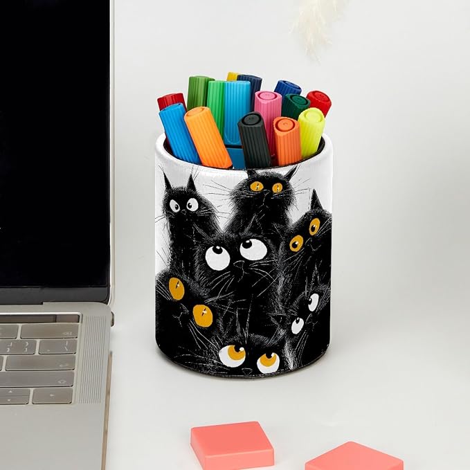 Black Cats Leather Pen Holder for Desk, Desktop Caddy Stationery Organizer for - Image 5
