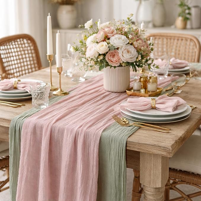 Cheesecloth Table Runner 10 Pack Sage Green and Dusty Pink, Boho Gauze Table by Avolander