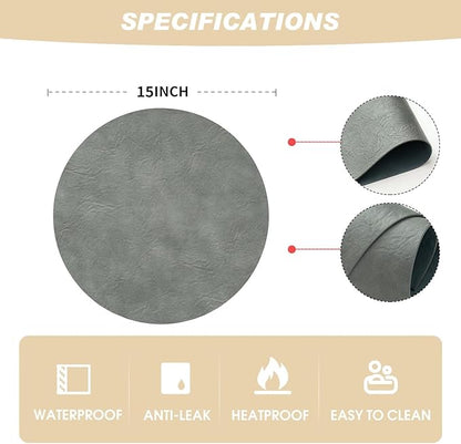 Artoid Mode Grey Faux Leather Placemats Set of 6, 15 Inch Waterproof Wipeable Heat Resistant Vinyl Place Mats, Reversible Table Mats for Winter Kitchen Dining Decor