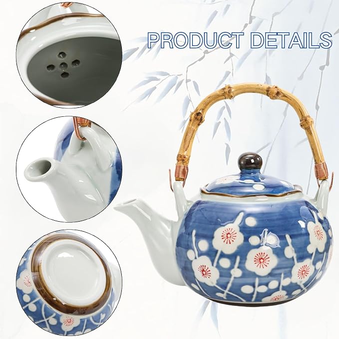 Japanese Tea Set, Ceramic Floral Tea Pot and 4 Pieces Cups | Traditional Bone - Image 3