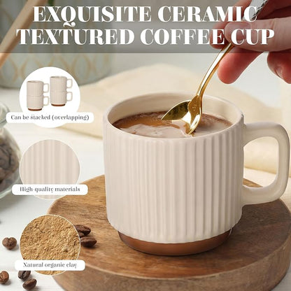 6 Set Ceramic Coffee Mugs with Gold Spoons, 8.8 oz Textured Ribbed Coffee Cups - Image 3