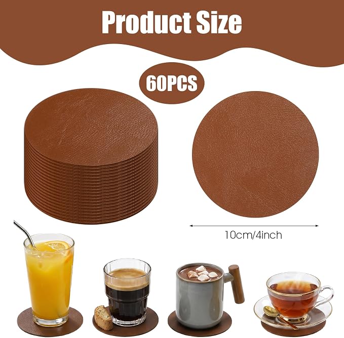 60 Pcs PU Leather Coasters, 4 Inch Round Leather Coasters 10 mm Thickness Brown - Image 2
