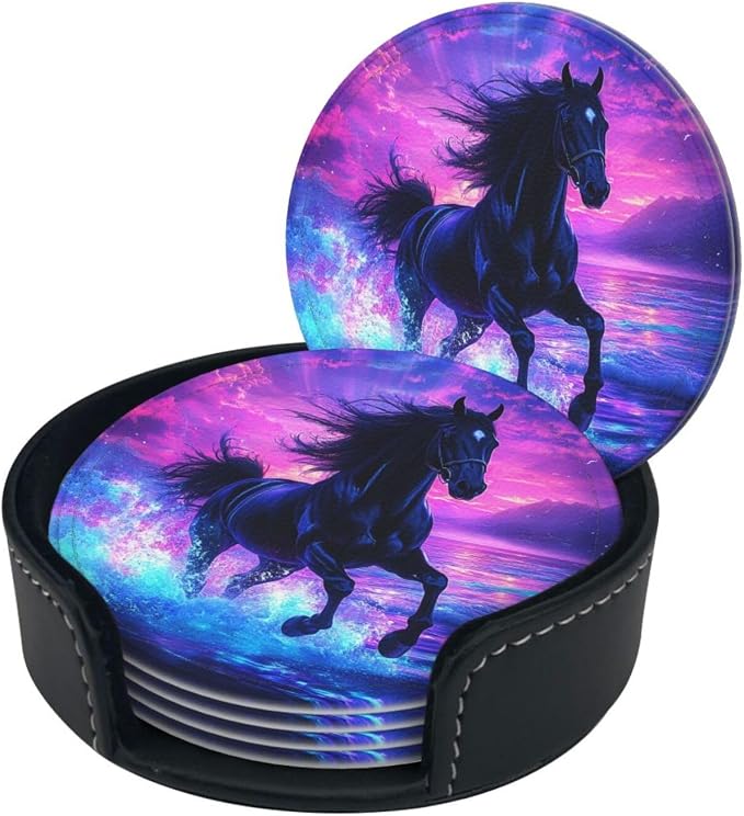 Horse Coasters for Drinks Set of 6, Round Leather Coaster - Image 3