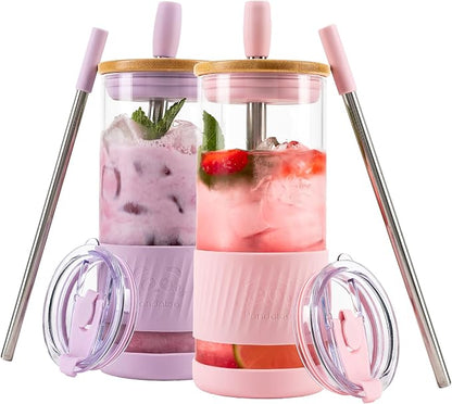 Pandaloo® Glass Cups With Lids and Straws -20 Fl Oz- Perfect Size Iced Coffee by Pandaloo