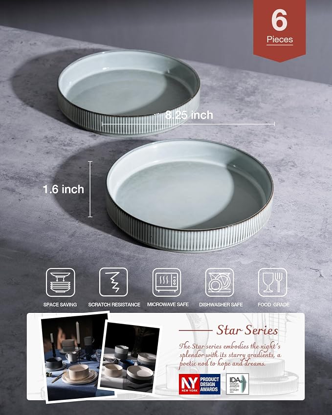 famiware Star 8.25" Pasta Bowls Set of 6, Bowl Plates, Smoky Blue | Microwave & - Image 2