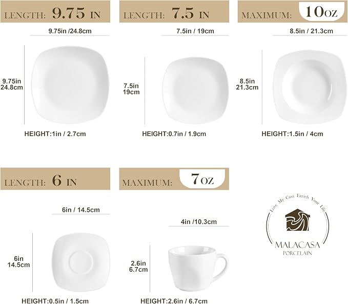 MALACASA 30 Piece Porcelain Dinnerware Set, Square Ceramic Dishware Sets - Image 2