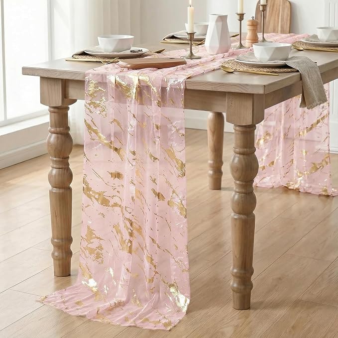 Artoid Mode Marble Pattern Pink Gauze Table Runner 10FT, Glitter Metallic Foil - Image 3