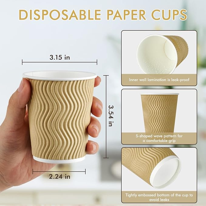 120 Count 8 oz Coffee Cups, Insulated Ripple Wall Paper Hot Cups, Leak-Proof - Image 3