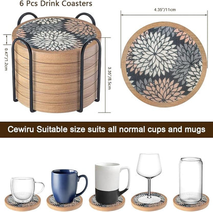Wood Coasters Set of 6 with Holder, Cewiru Cup Mat - Image 6