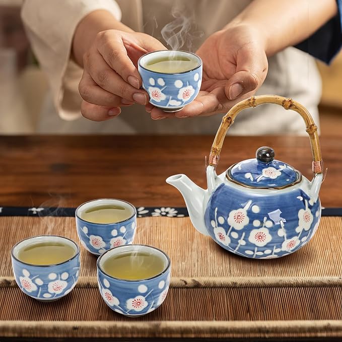 Japanese Tea Set, Ceramic Floral Tea Pot and 4 Pieces Cups | Traditional Bone - Image 6