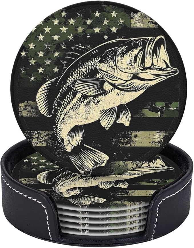 6 Pack Camouflage American Flag Bass Fish Leather Coasters by GTEVUTS