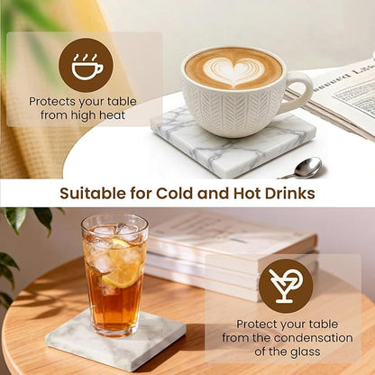 Natural Marble Coasters, Square Costers, Luxury Aesthetic Modern Decor for Coffee Table Bar Kitchen Home, White Marble, Real Natural Semi Absorbent Stone Coasters
