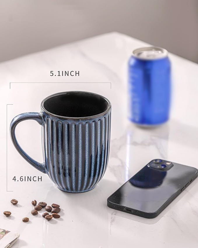 HASENSE 16 oz Ceramic Coffee Mugs Set of 4, Ribbed Navy Blue Coffee & Tea Cups - Image 2